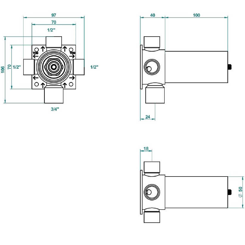Настенный 4-ходовой распределитель с керамическим картриджем для скрытого монтажа - 1 вход 3/4" и 3 выхода 1/2" с фиксатором THG G00-A00-49M3SPSA, без накладки, на 3 источника